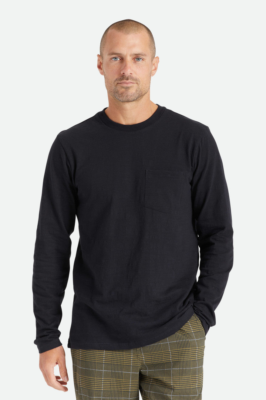 Dzianina Męskie Brixton Basic Slub L/S Pocket Czarne | YLOBU-7485