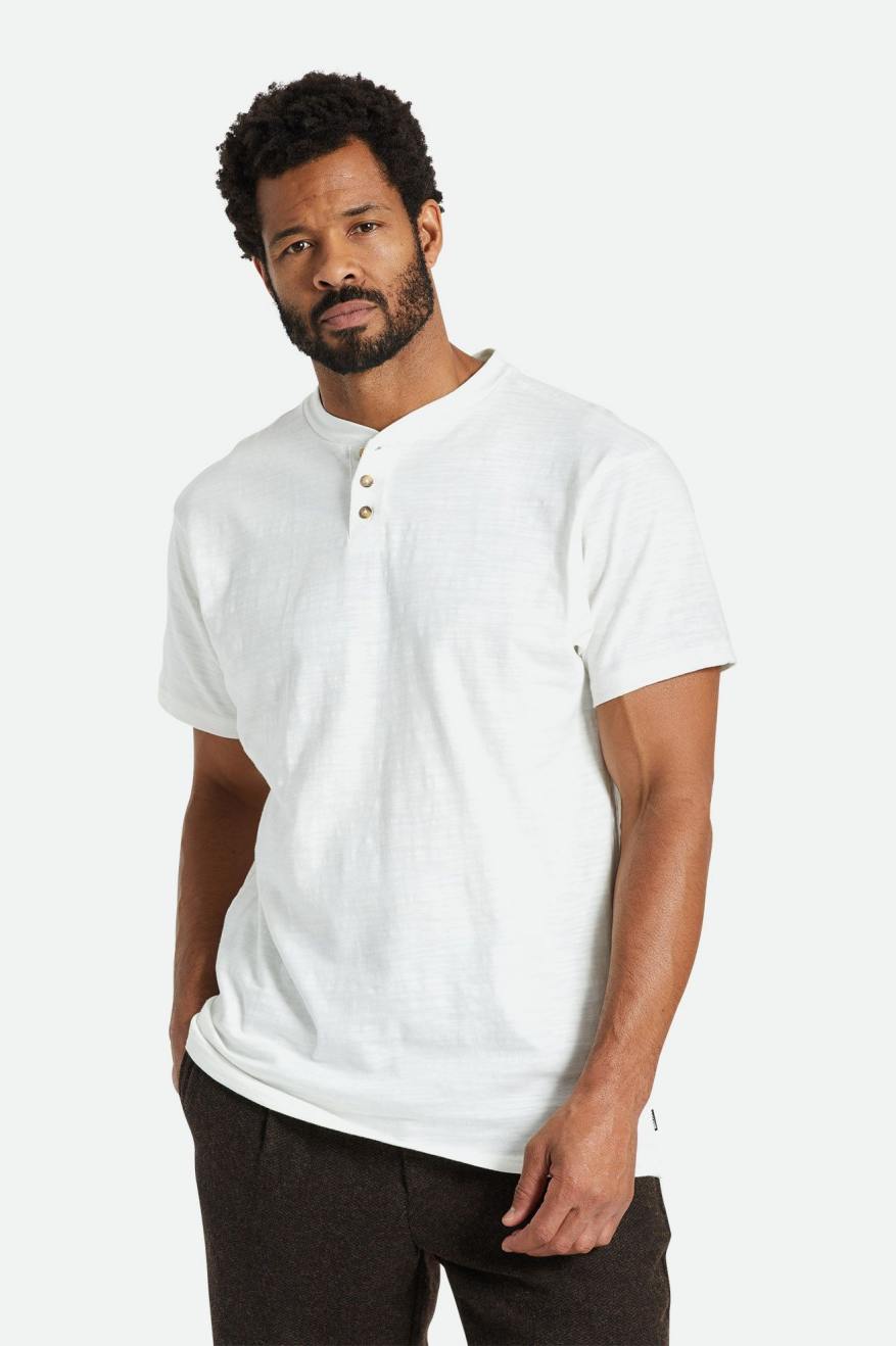 Dzianina Męskie Brixton Basic Slub S/S Henley Białe | MQBXE-6857