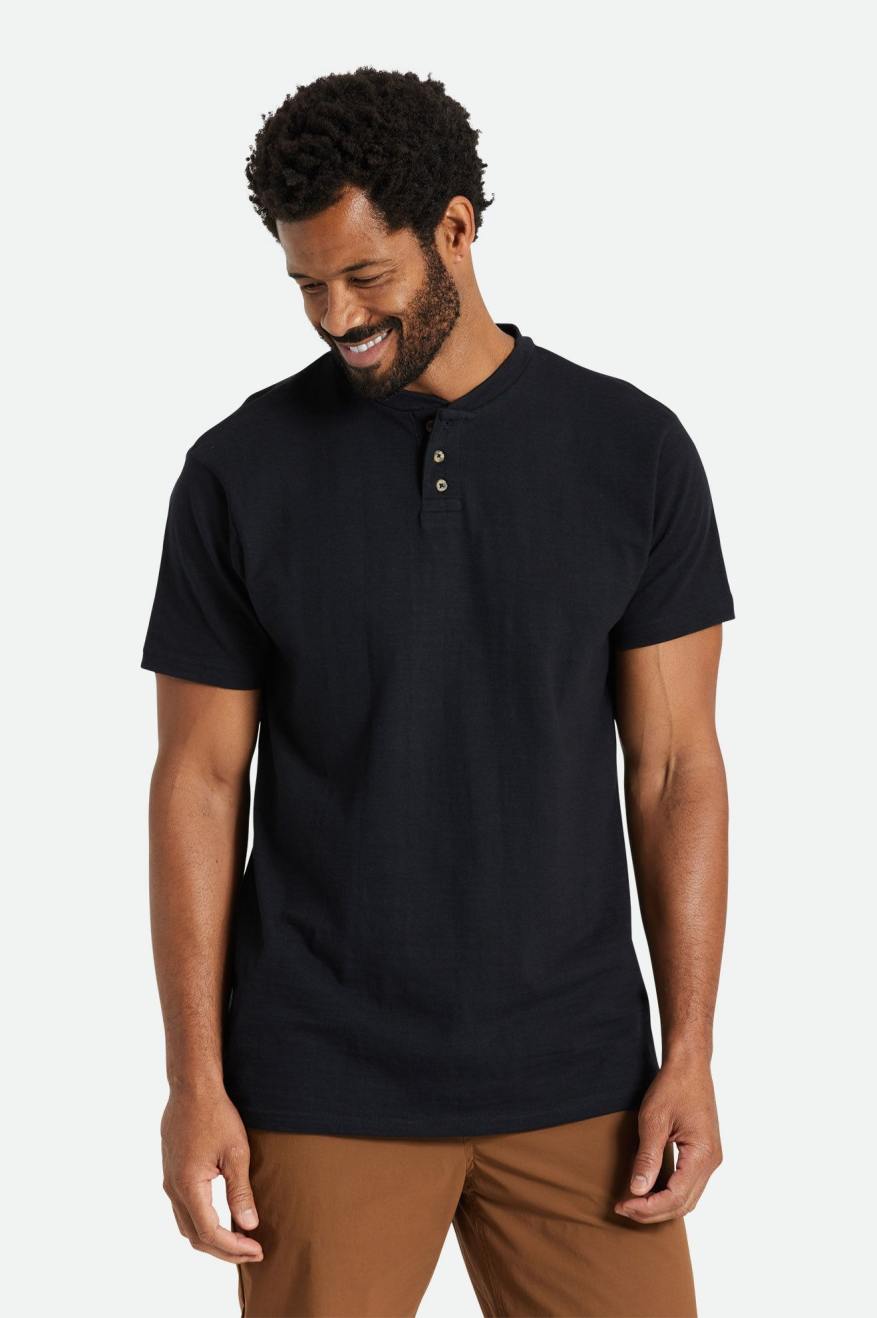 Dzianina Męskie Brixton Basic Slub S/S Henley Czarne | PMOAG-1825