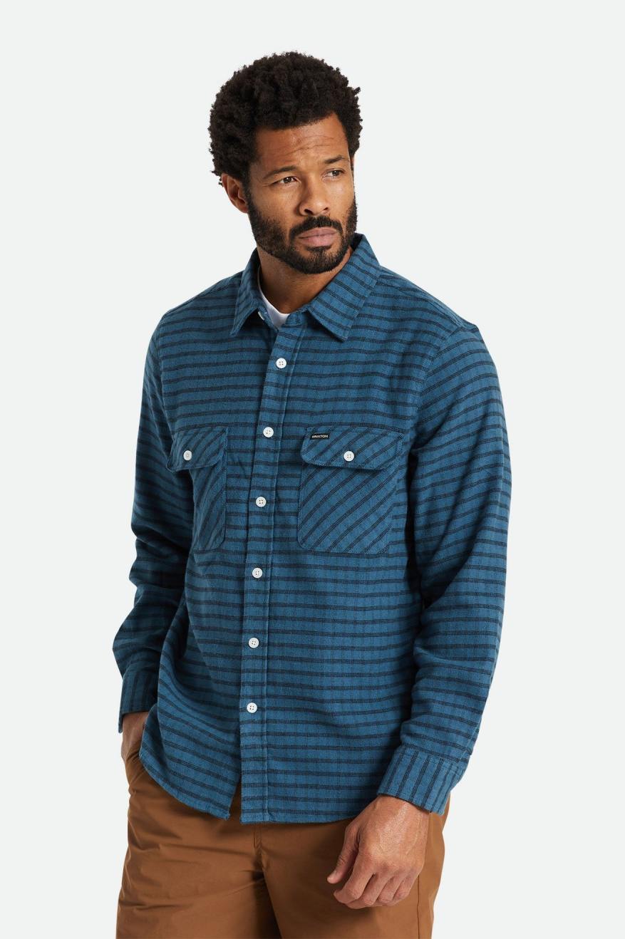 Tkane Topy Męskie Brixton Bowery Stretch L/S Utility Turkusowe Czarne | NBSHX-7396