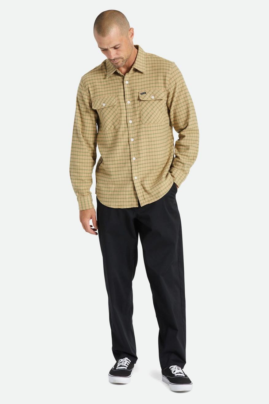 Tkane Topy Męskie Brixton Bowery Stretch L/S Utility Beżowe Oliwkowe | NFRMK-7489