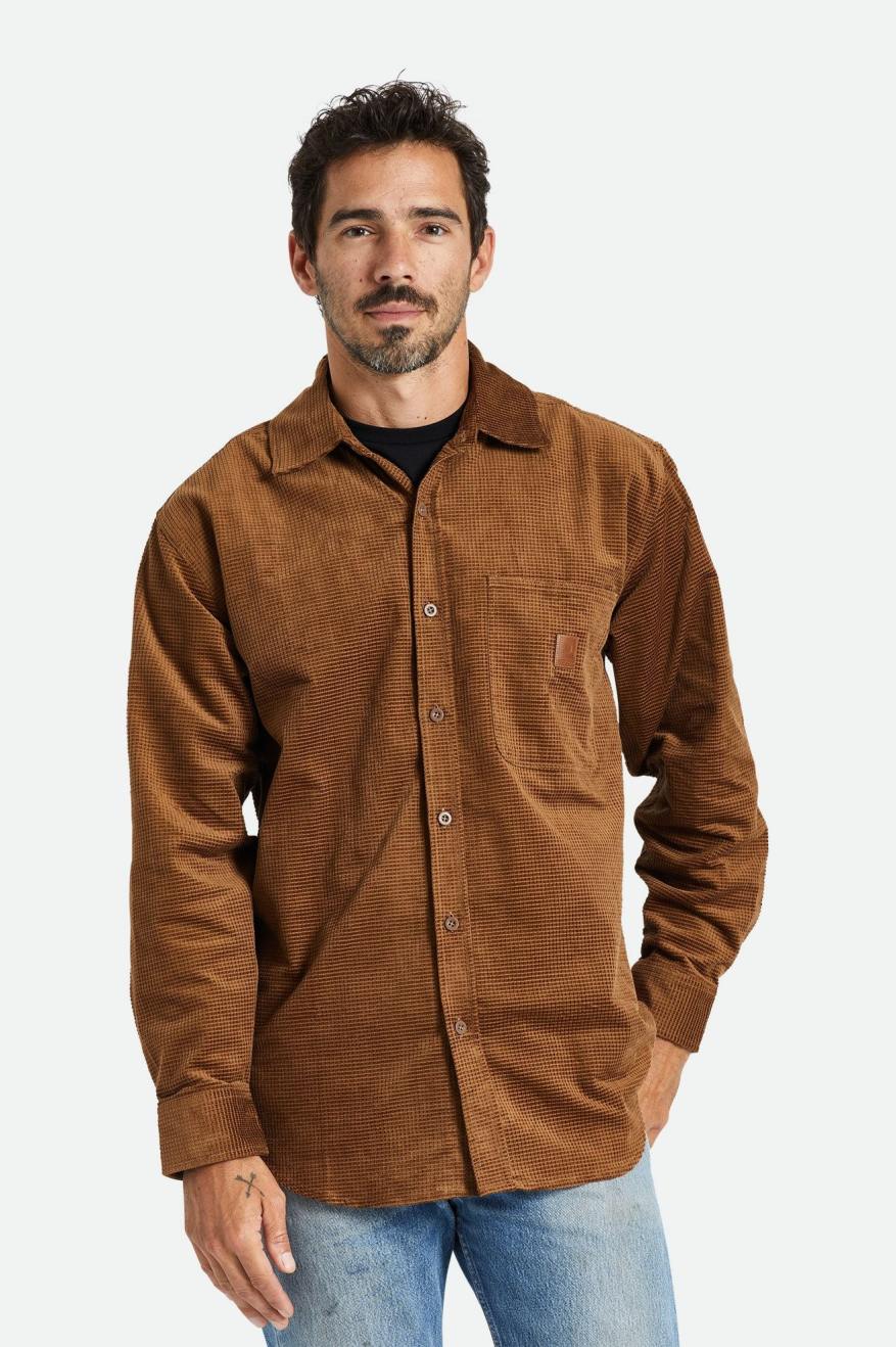 Tkane Topy Męskie Brixton Porter L/S Waffle Corduroy Brązowe | PQKCN-5201