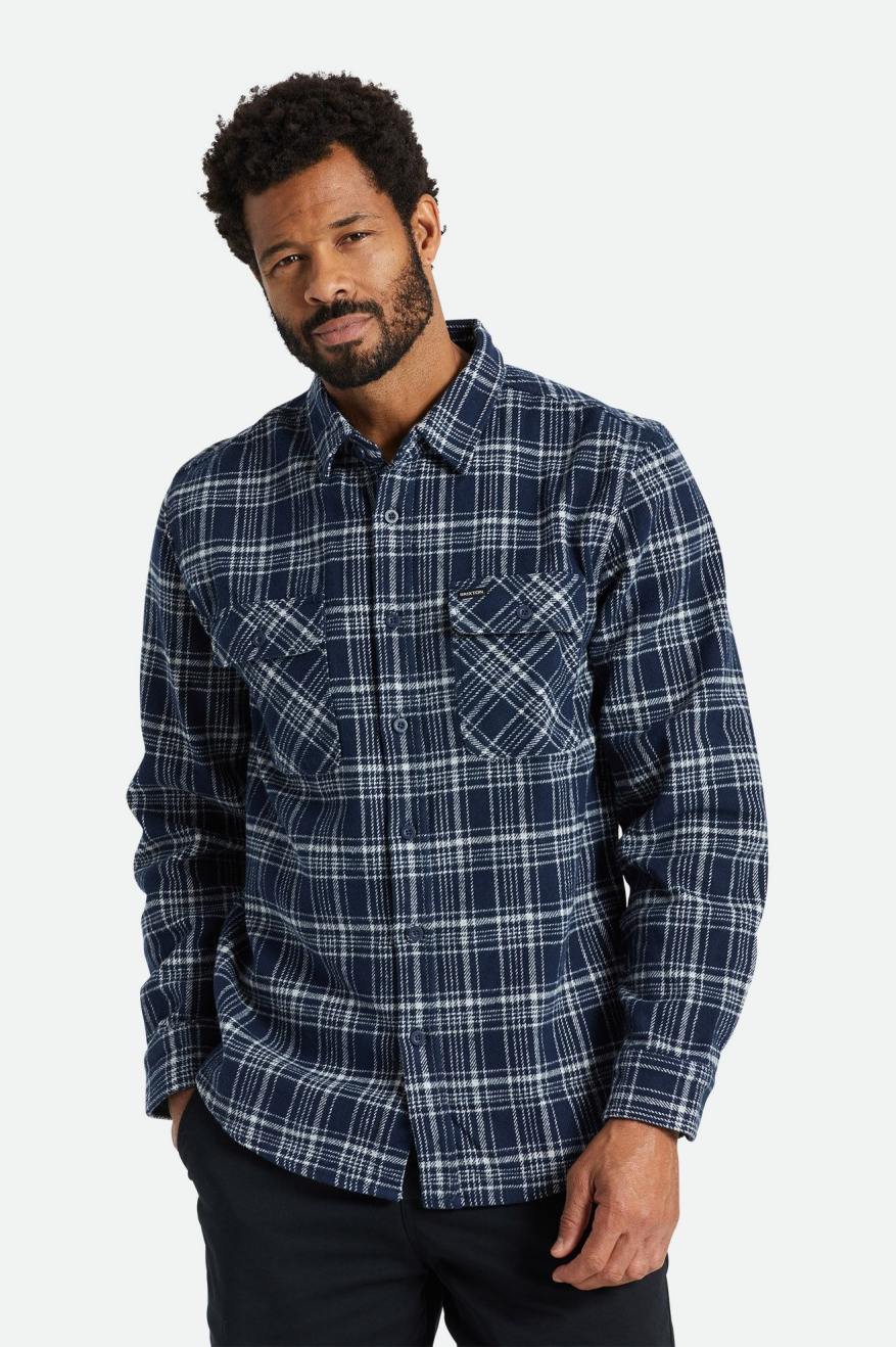 Topy Flanelowe Męskie Brixton Bowery Heavy Weight L/S Granatowe Szare | XKZCP-8704